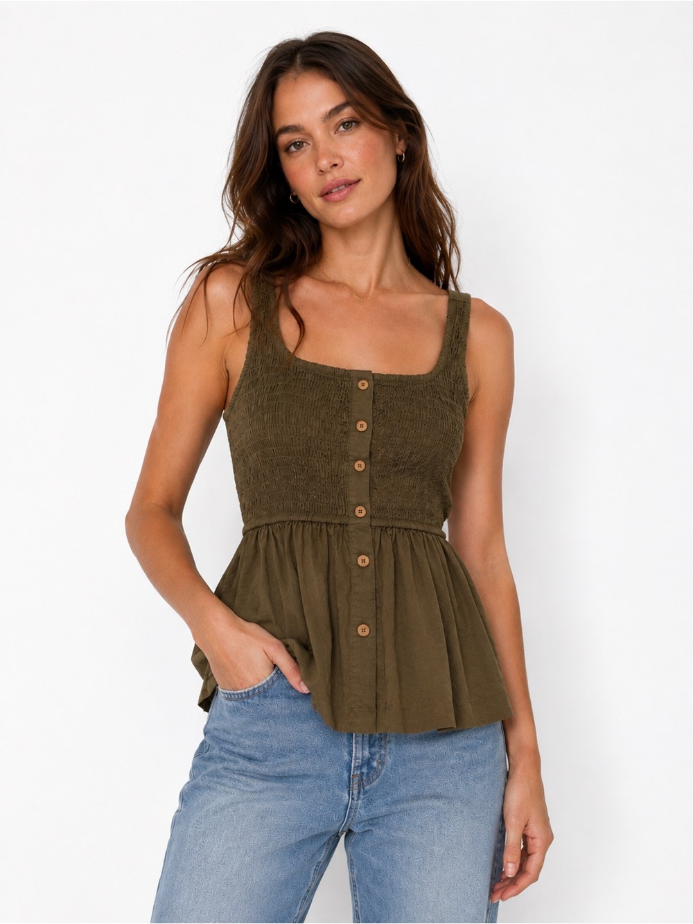 BLANQUE Olive Green Smocked Button Front Peplum Top – Size Small – NWT